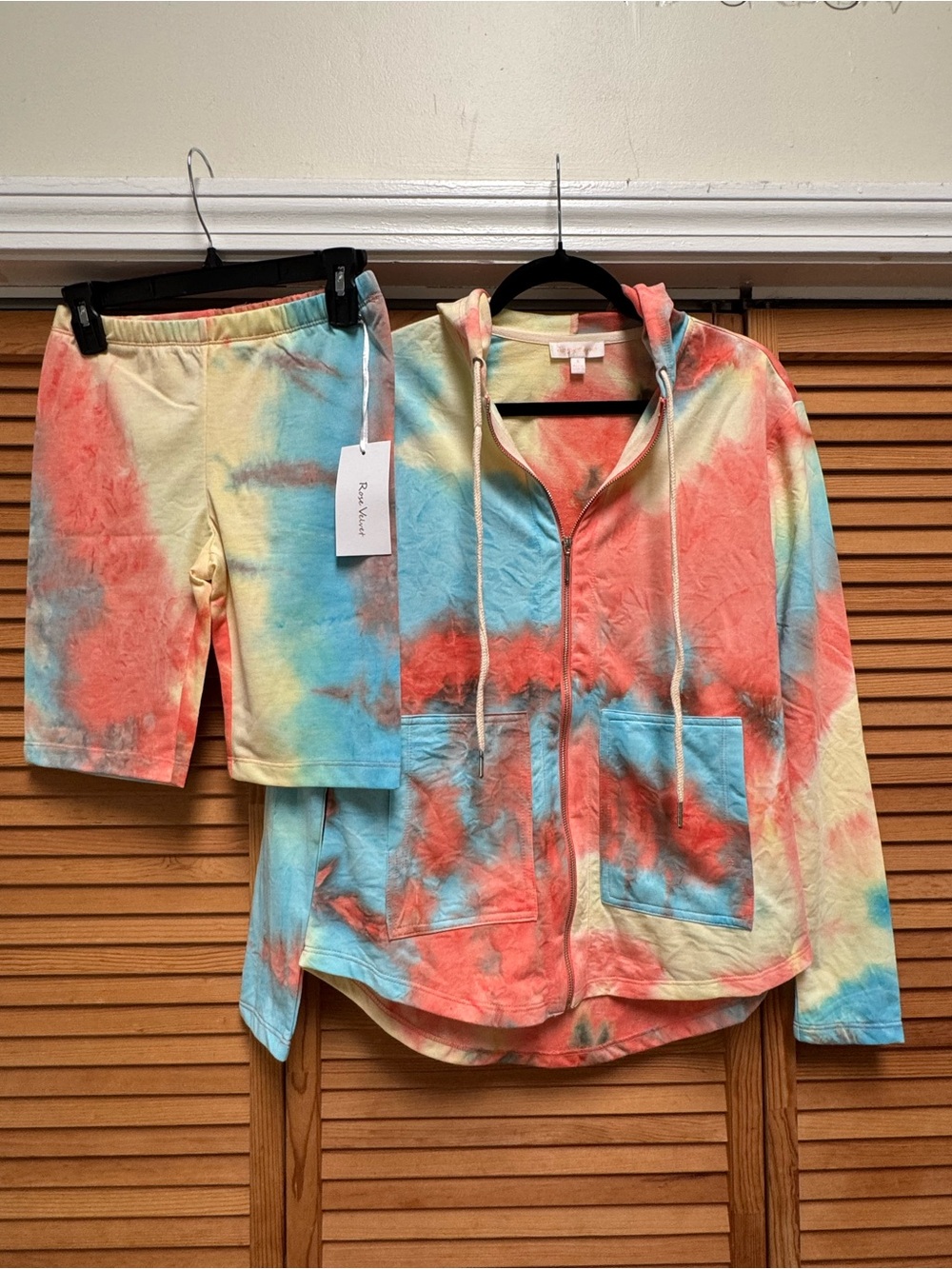 NWT Rose Velvet Pastel Tie Dye 2-Piece Lounge Set Zip Up Hoodie Loungewear